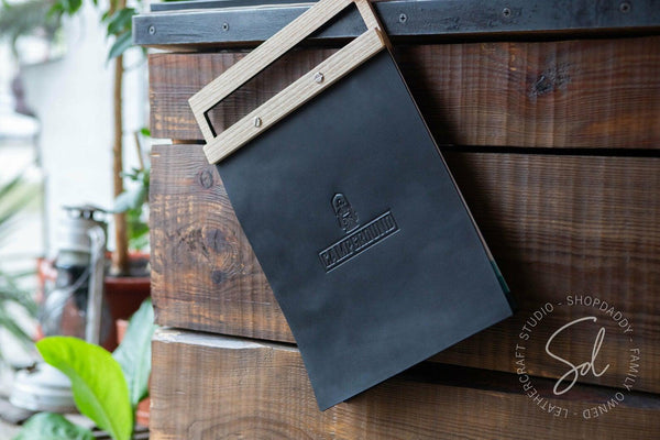Elegant Leather Menu Holder with Wooden Handle