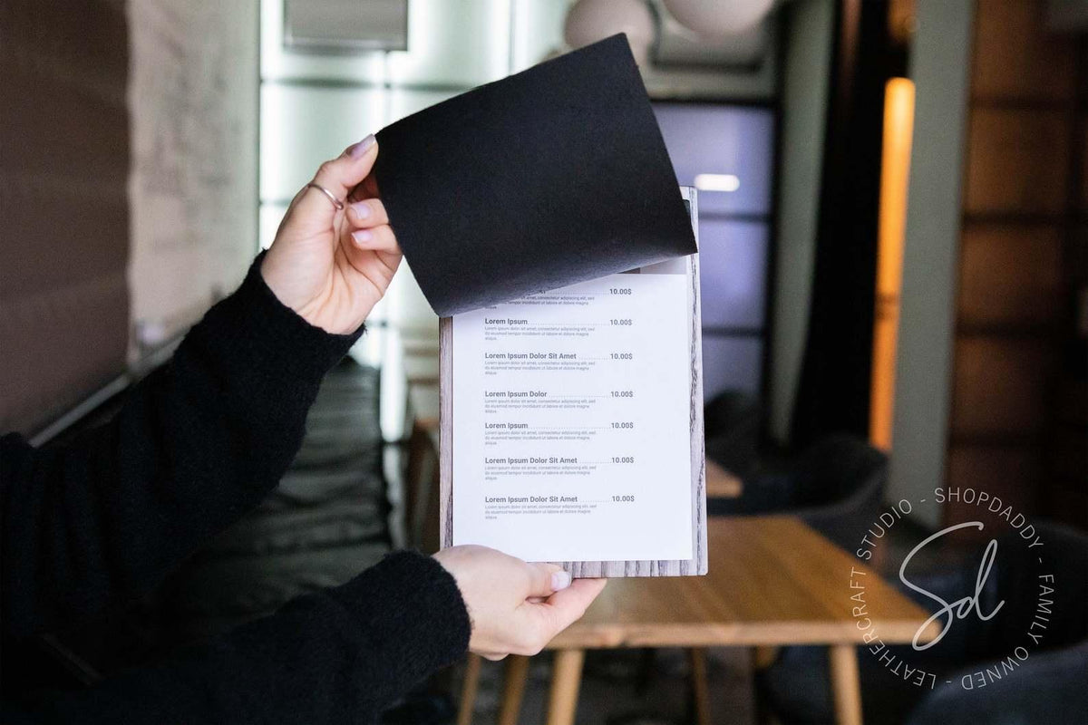 Wooden Menu Board with Thick Leather Cover