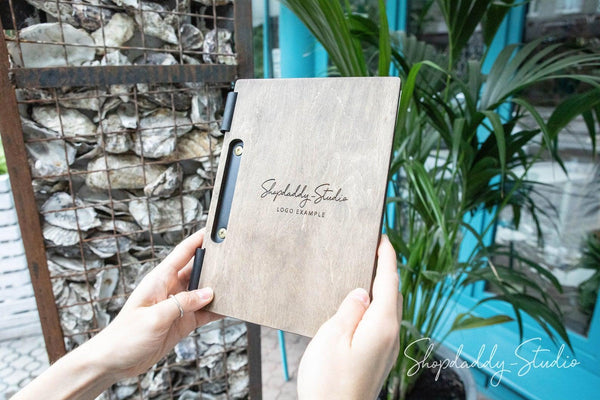 Walnut Wooden Menu Holder with Slot with logo