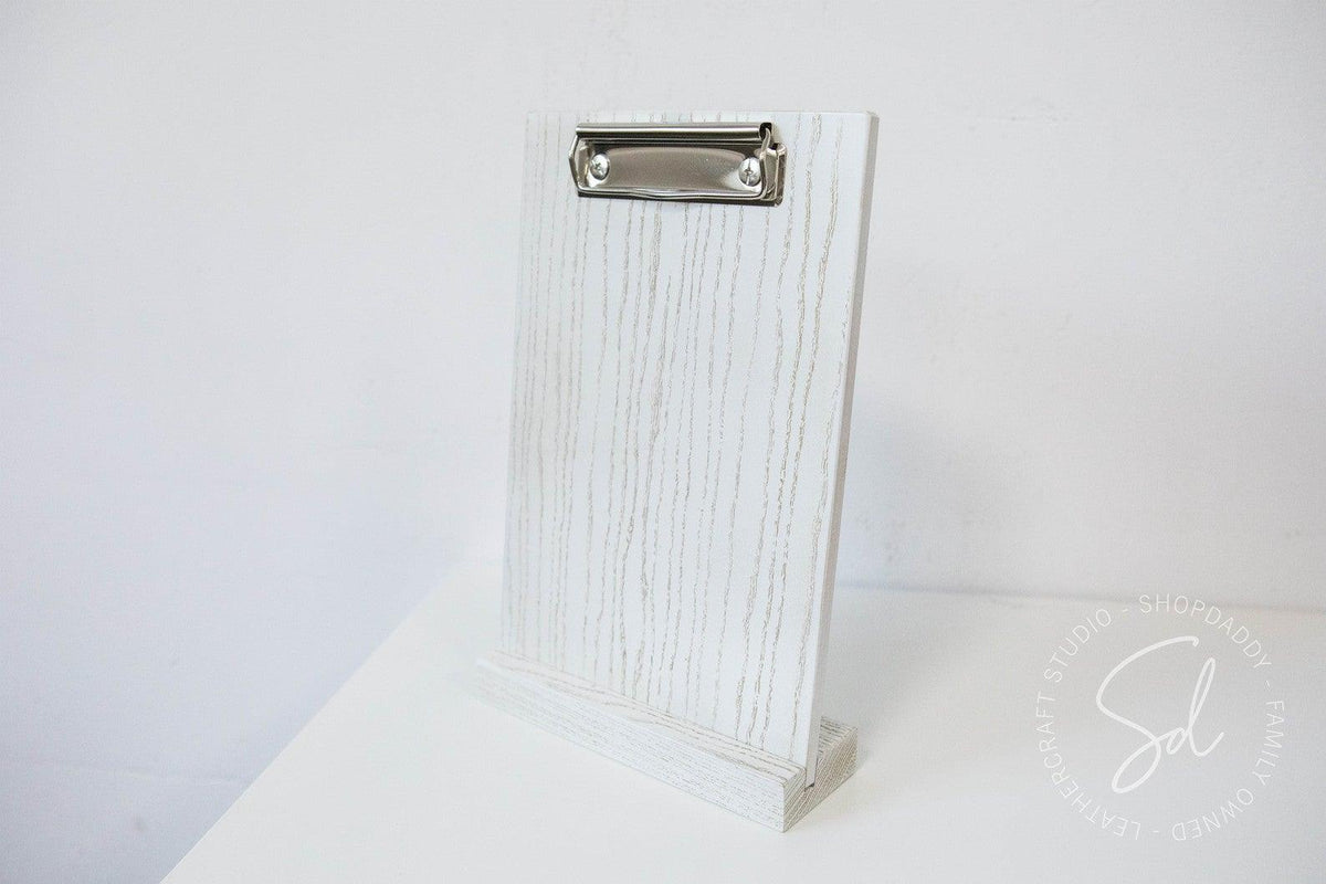 white Angled Wooden Table Stand with Metal Clip for bar