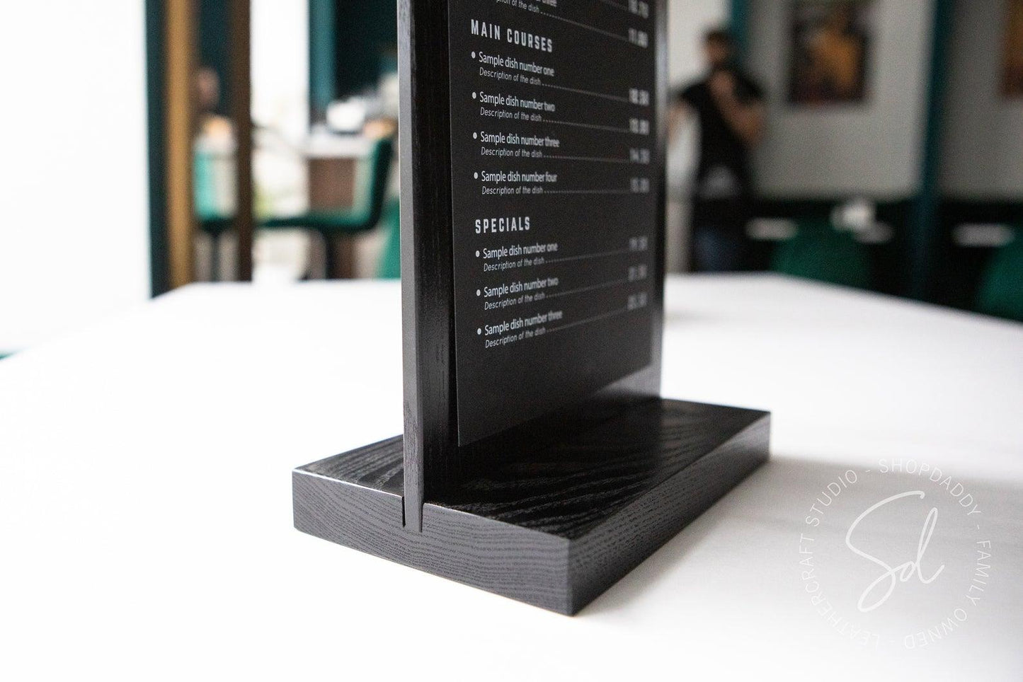 Black Straight Wooden Table Top Stand with Golden Binder for restaurant for hotel