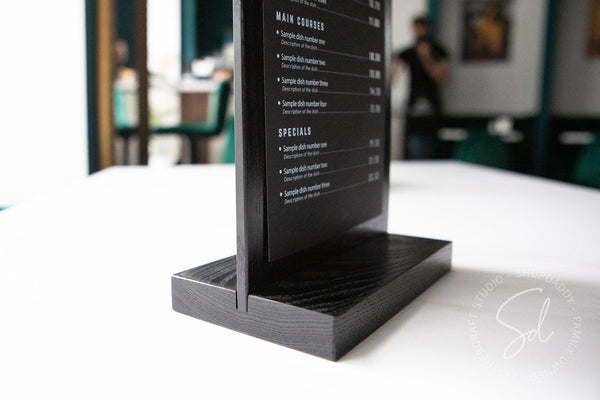 Black Straight Wooden Table Top Stand with Golden Binder for restaurant for hotel