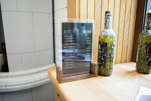 bar touchless Walnut Wooden/Acrylic Table Top Menu Stand