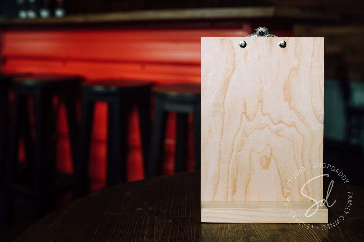 Straight Wooden Table Top Stand with Clip and logo