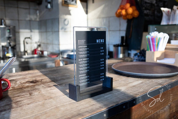 bar touchless Black Wooden/Acrylic Table Menu Stand
