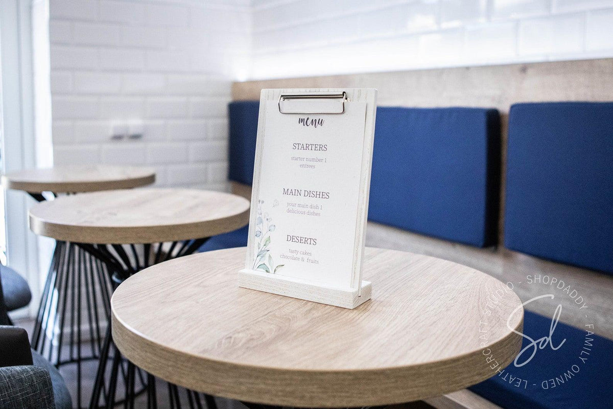 touchless white Angled Wooden Table Stand with Metal Clip