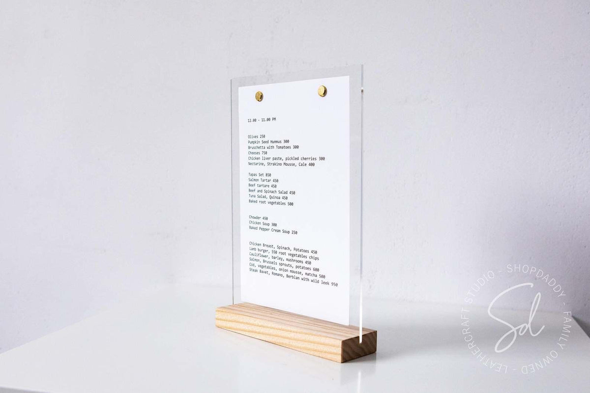 bar touchless Acrylic Table Menu Stand with wooden base