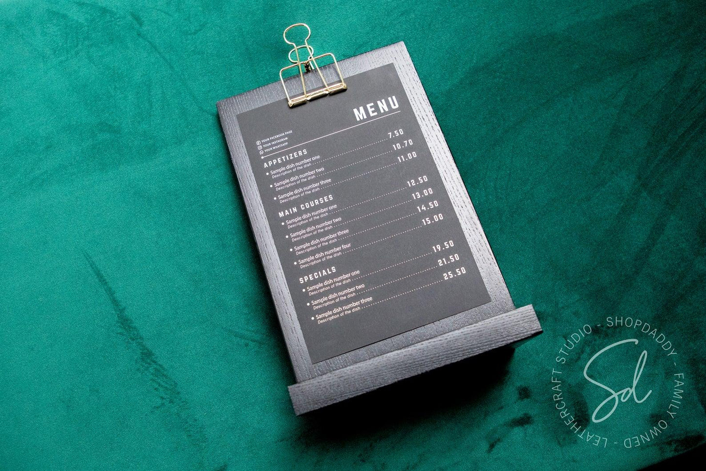 Black Straight Wooden Table Top Stand with Golden Binder for restaurant for drink menu