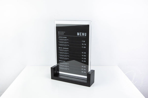 Black Wooden/Acrylic Table Menu Stand for cafe