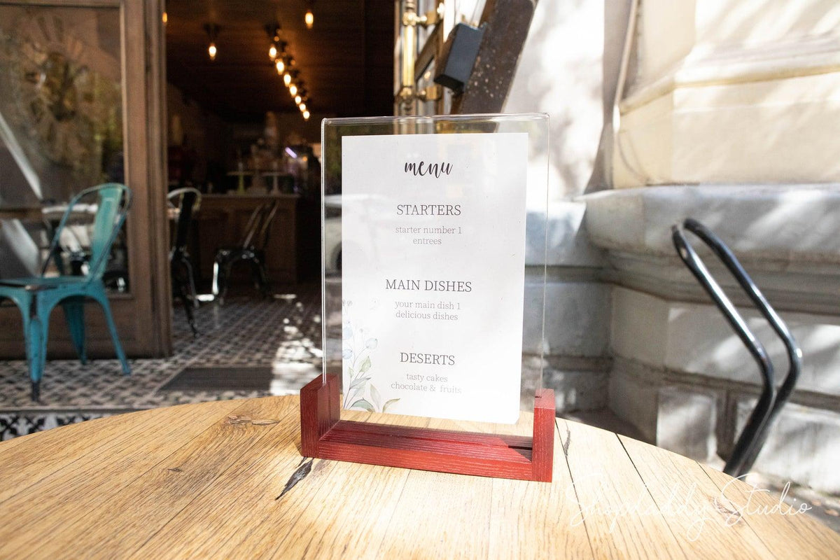 Mahogany Wooden/Acrylic Table Menu Stand for cafe