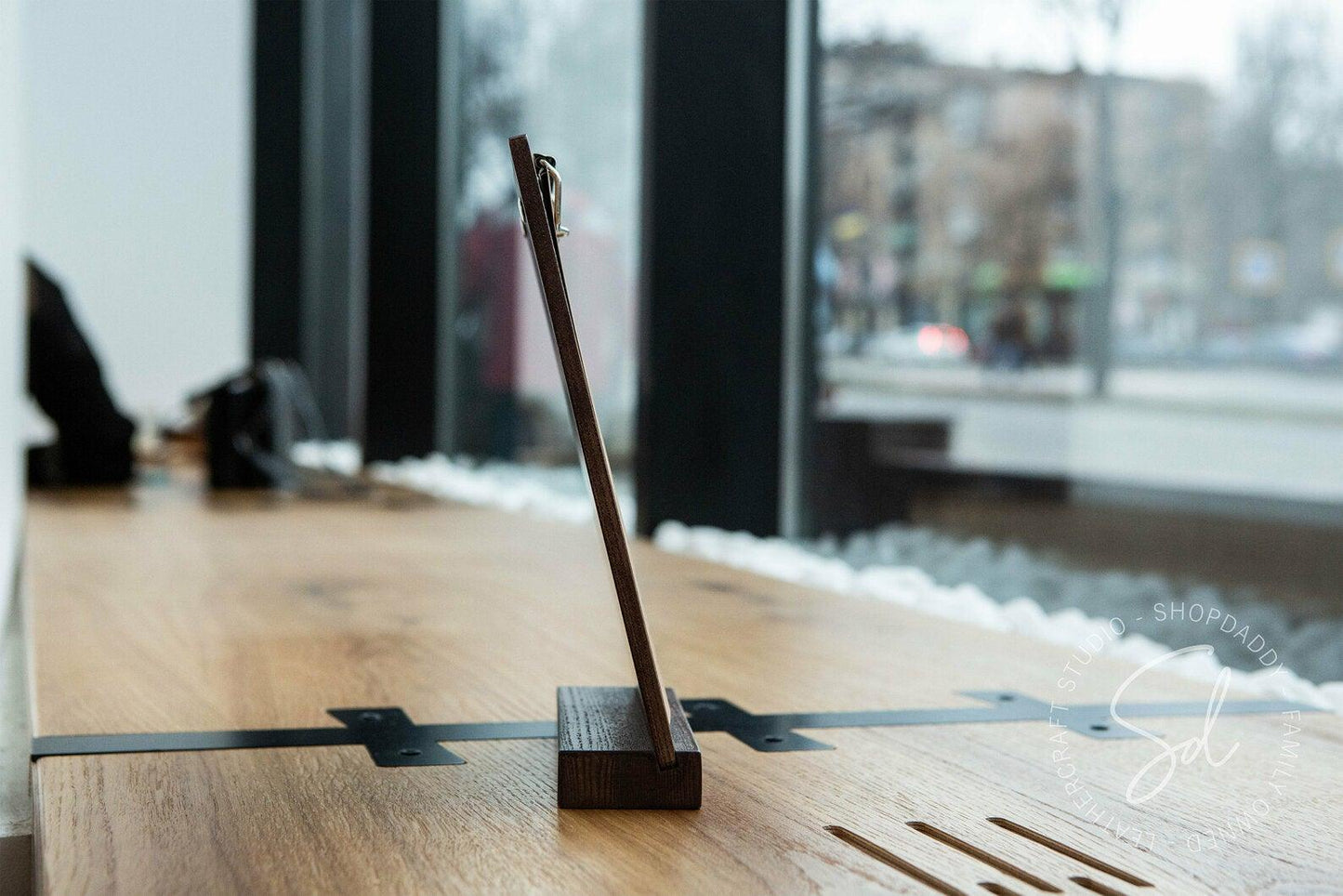 Walnut Angled Wooden Table Stand with Metal Clip for drink menu