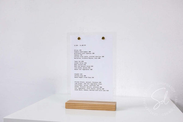 Acrylic Table Menu Stand with wooden base for cafe