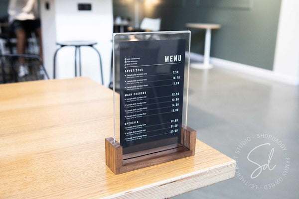 Elegant Walnut Wooden/Acrylic Table Top Menu Stand