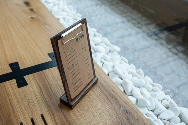 Walnut Angled Wooden Table Stand with Metal Clip for breakfast menu