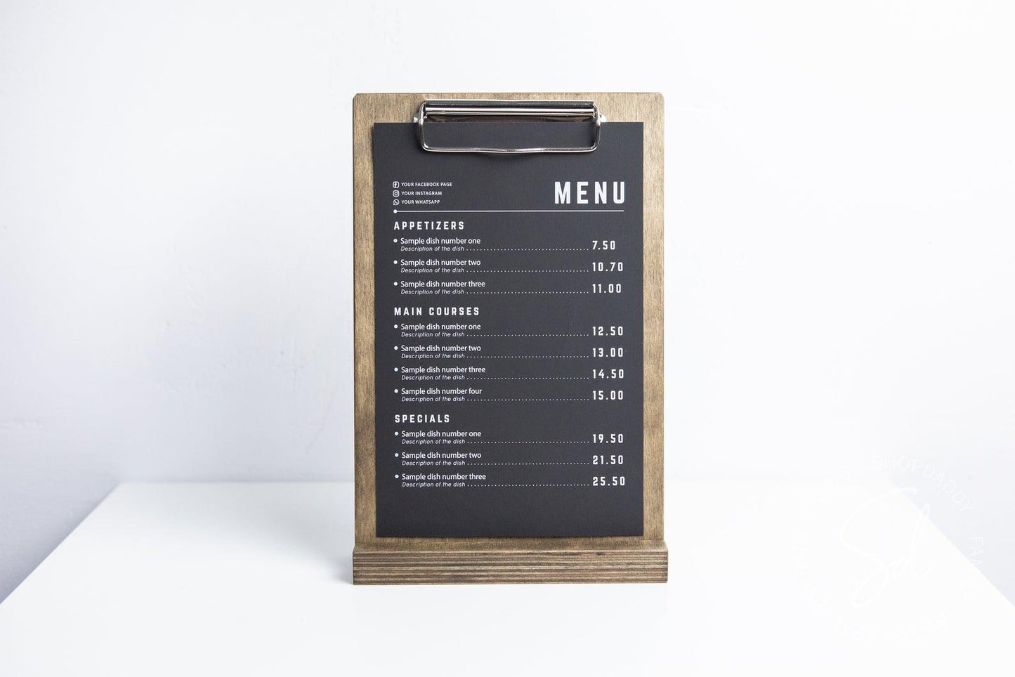 angled custom Wooden Table Stand with Clip