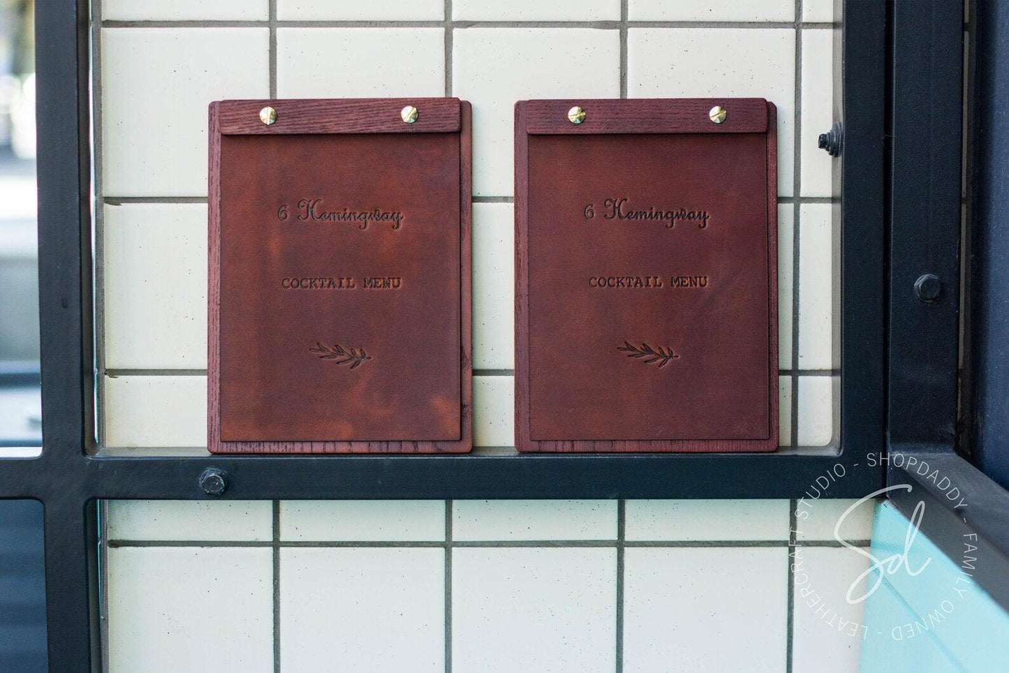 Mahogony Menu Board with Leather Cover with personalization
