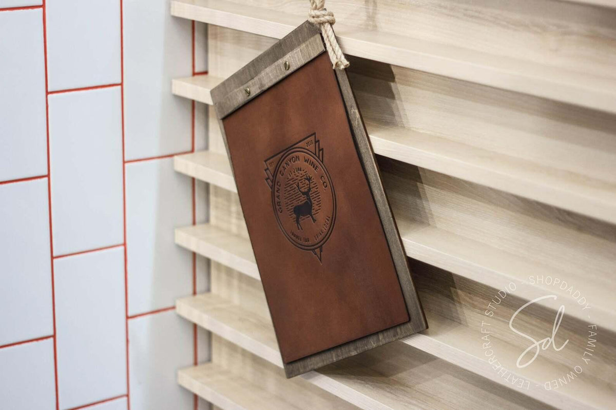 wooden board for menu with leather cover shopdaddy studio