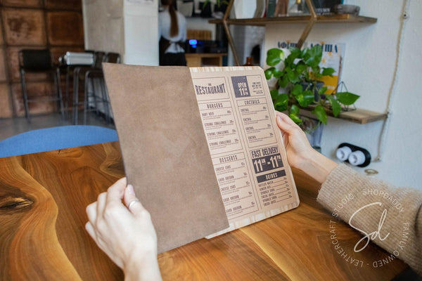 modern Lacquer Menu Board with Leather Cover & Stitching