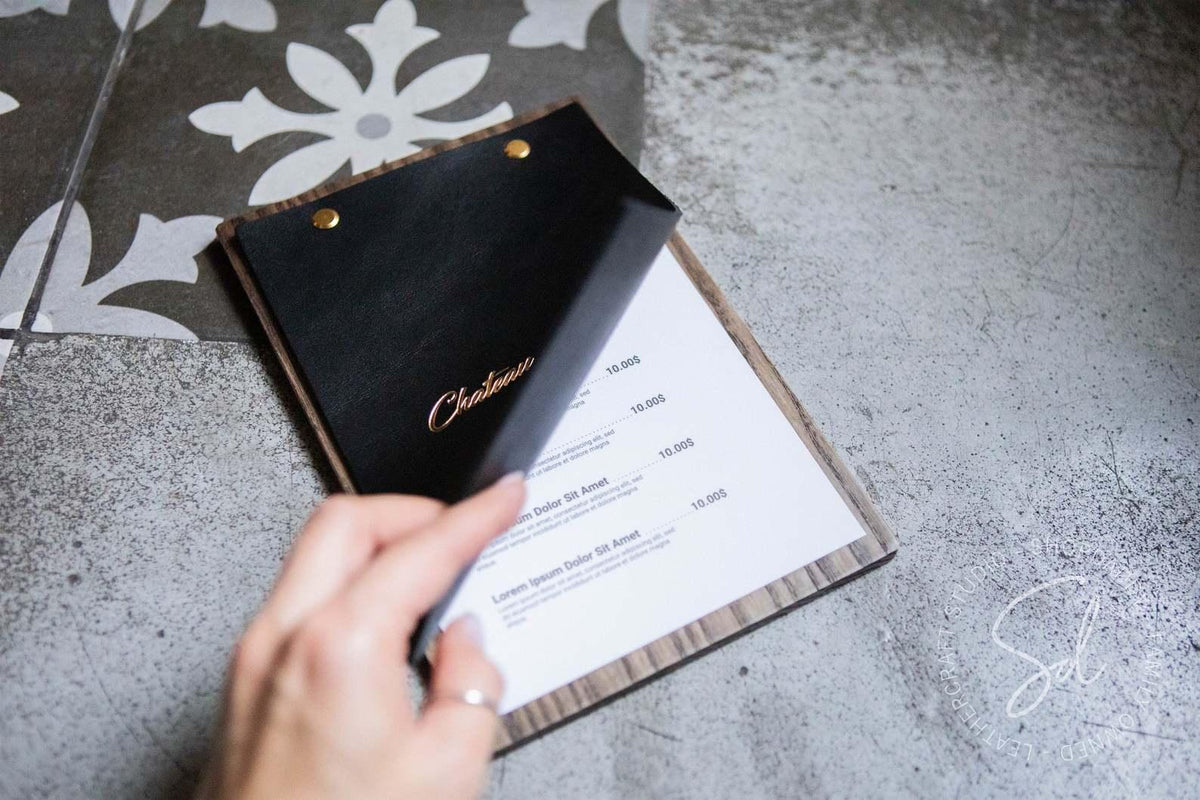 Menu Board with Thick Leather Cover for specials offers