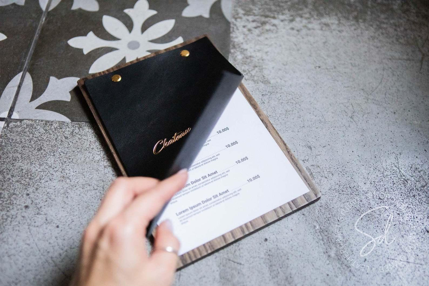 Menu Board with Thick Leather Cover for specials offers