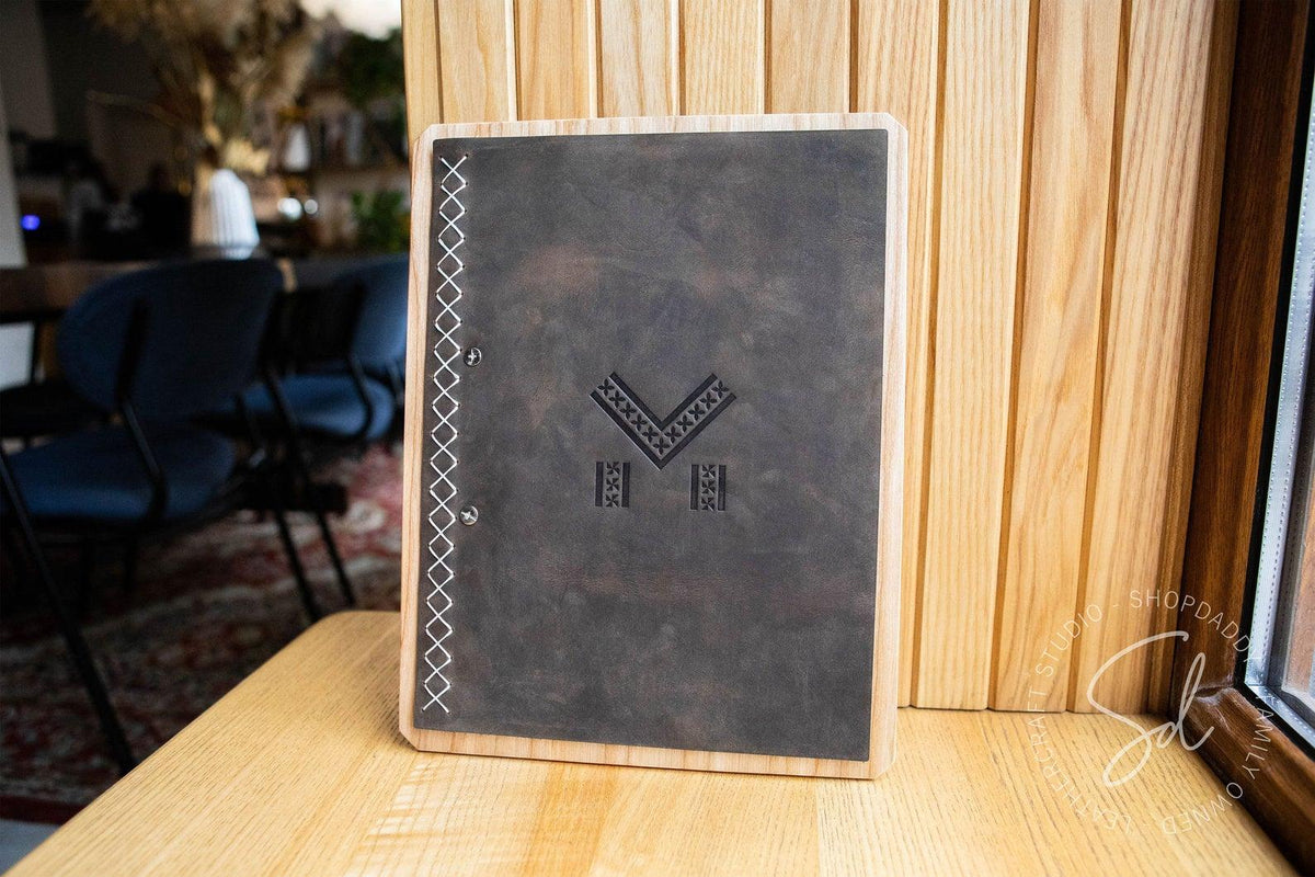 cafe Lacquer Menu Board with Leather Cover & Stitching