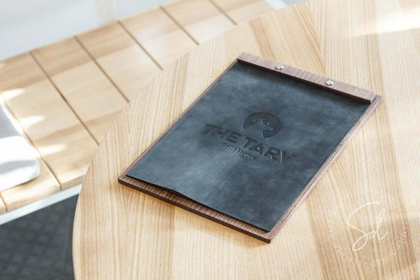 bar Walnut Menu Board with Leather Menu Cover