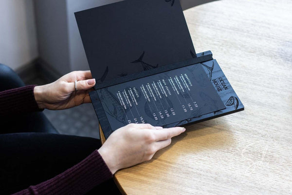 Wooden Menu Board with Elastic Band and logo