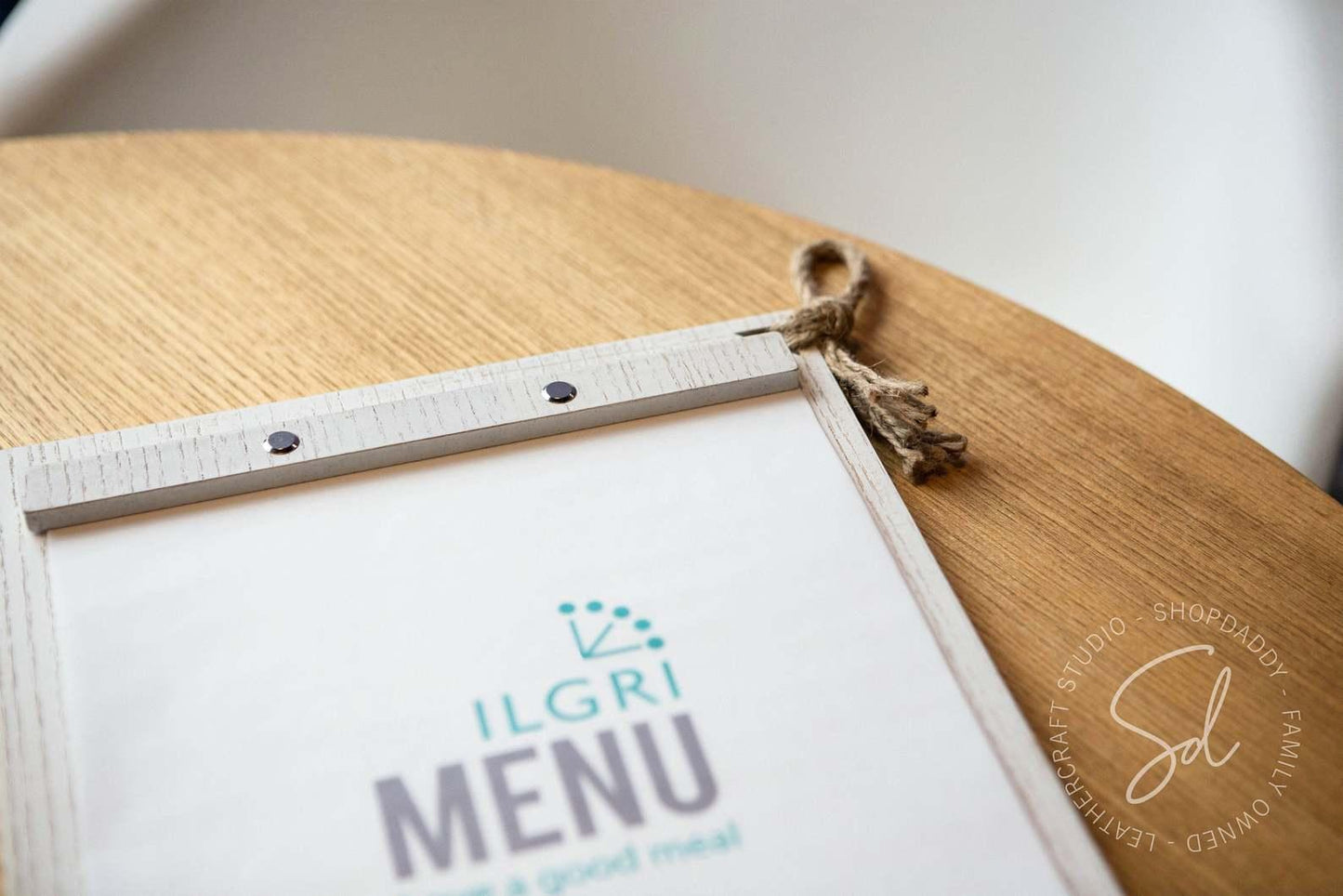 engraved wooden Boho White Menu Board with Rope