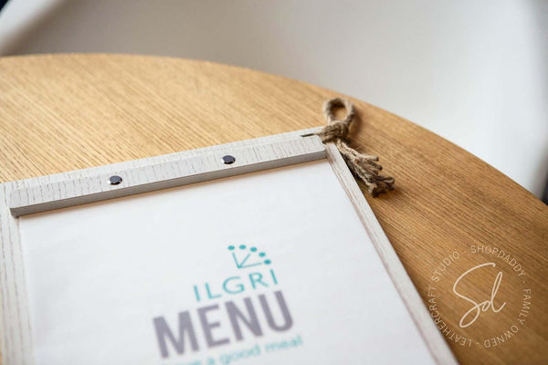 engraved wooden Boho White Menu Board with Rope