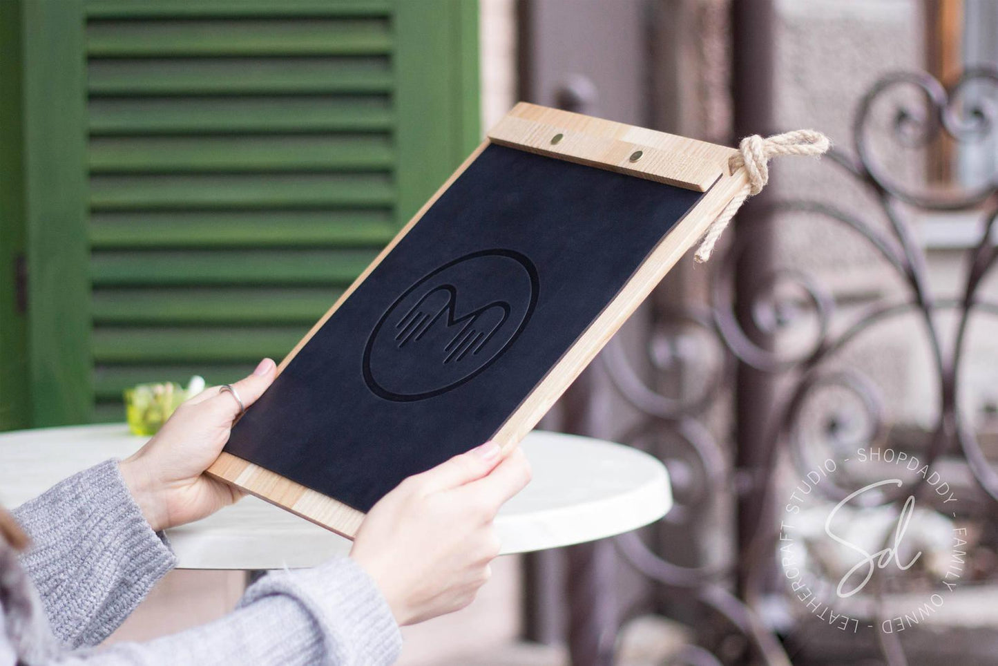 Elegant Menu Holder with Leather Cover & Rope
