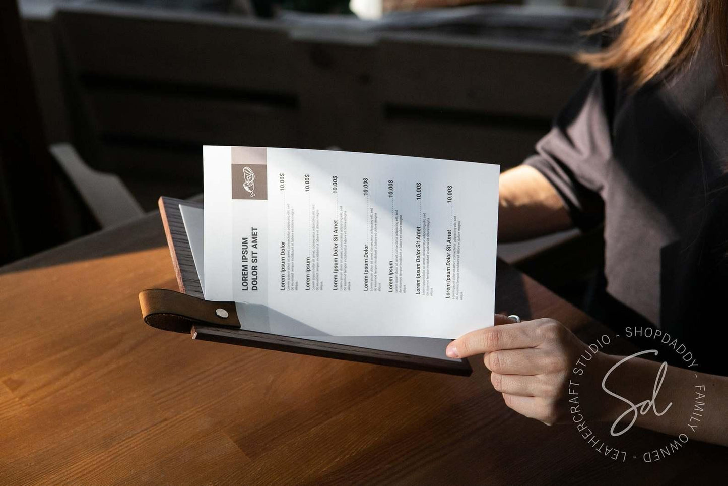 restaurant wooden Menu Board with Leather Loop